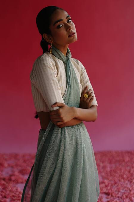 Taisha_Blue Silk, Satin, Kota Doria Sequins, Embroidery Sharad Saree With Woven Blouse _at_Aza_Fashions