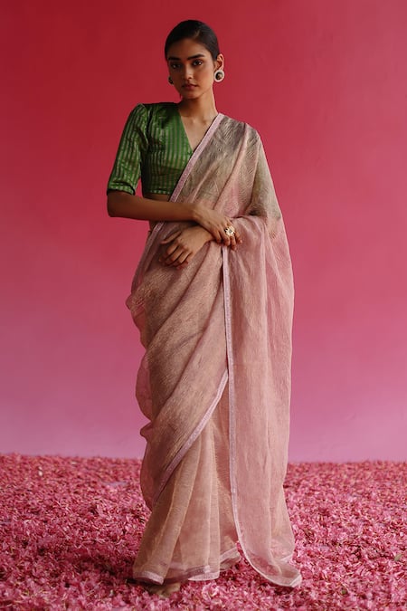 Taisha Pink Silk, Satin, Kota Doria Sequins, Sharad Border Saree With Blouse Online at Aza Fashions Taisha_Pink Silk, Satin, Kota Doria Sequins, Sharad Border Saree With Blouse _Online_at_Aza_Fashions