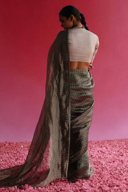 Shop_Taisha_Silver Silk, Satin, Tissue Sequins, Aago Stripe Woven Saree With Blouse _at_Aza_Fashions