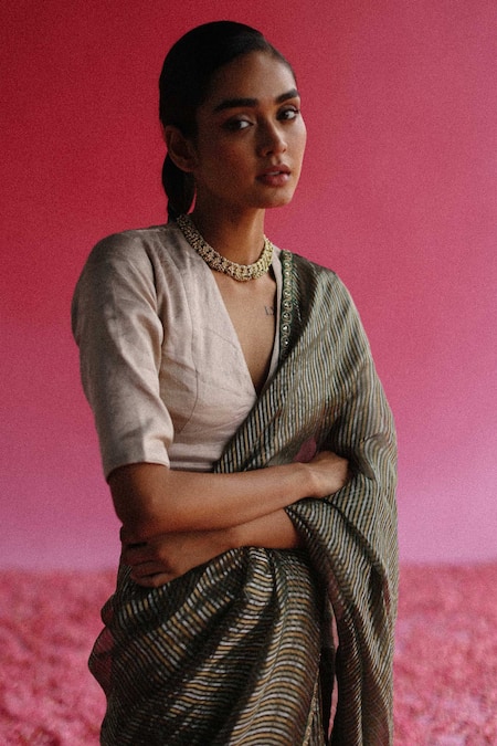 Shop_Taisha_Silver Silk, Satin, Tissue Sequins, Aago Stripe Woven Saree With Blouse _Online_at_Aza_Fashions