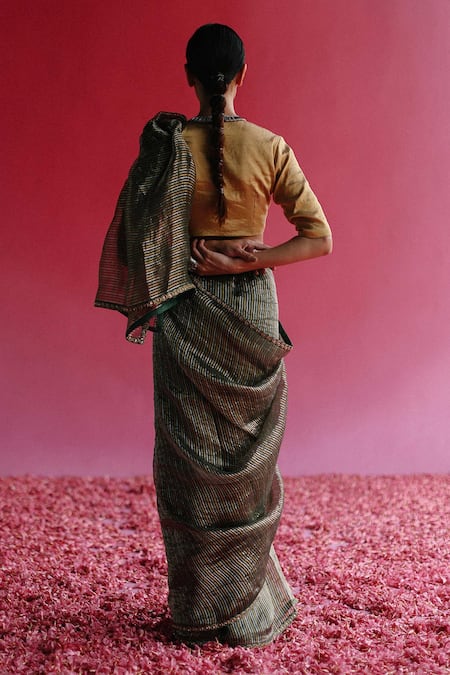 Shop_Taisha_Gold Tissue, Satin, Silk Sequins, Embroidery V-neck Zari Stripe Woven Saree Set _at_Aza_Fashions