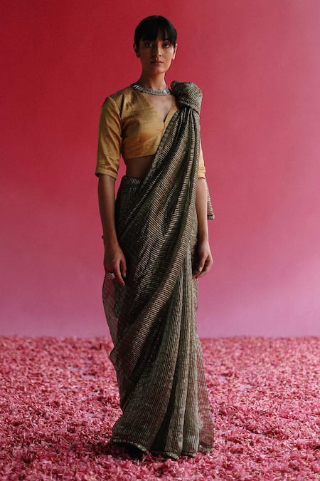Taisha_Gold Tissue, Satin, Silk Sequins, Embroidery V-neck Zari Stripe Woven Saree Set _Online_at_Aza_Fashions