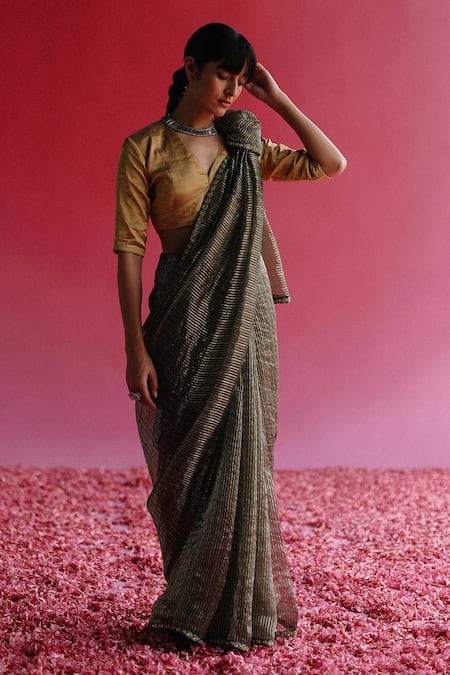 Buy_Taisha_Gold Tissue, Satin, Silk Sequins, Embroidery V-neck Zari Stripe Woven Saree Set _Online_at_Aza_Fashions