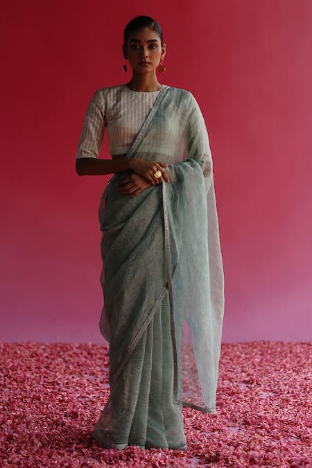 Taisha Blue Silk, Satin Sequins, Embroidery Sharad Border Saree With Petticoat