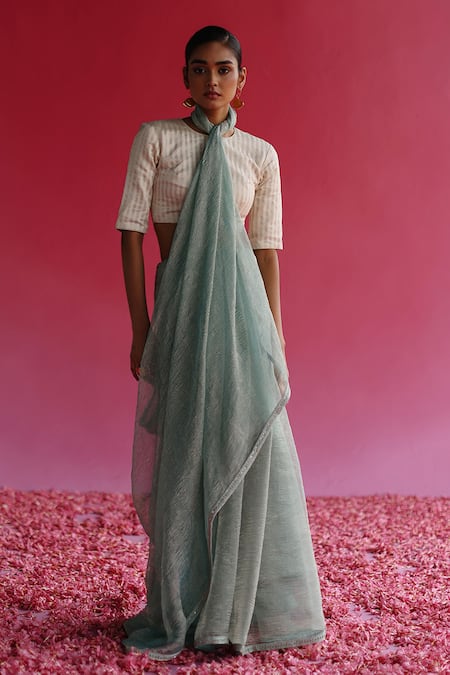 Buy Pink Embroidery Thread Sharad Border Saree With Satin Petticoat For  Women by Taisha Online at Aza Fashions.