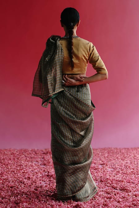 Shop Taisha Green Silk, Satin Sequins, Embroidery Aago Stripe Woven Saree With Petticoat at Aza Fashions Shop_Taisha_Green Silk, Satin Sequins, Embroidery Aago Stripe Woven Saree With Petticoat _at_Aza_Fashions