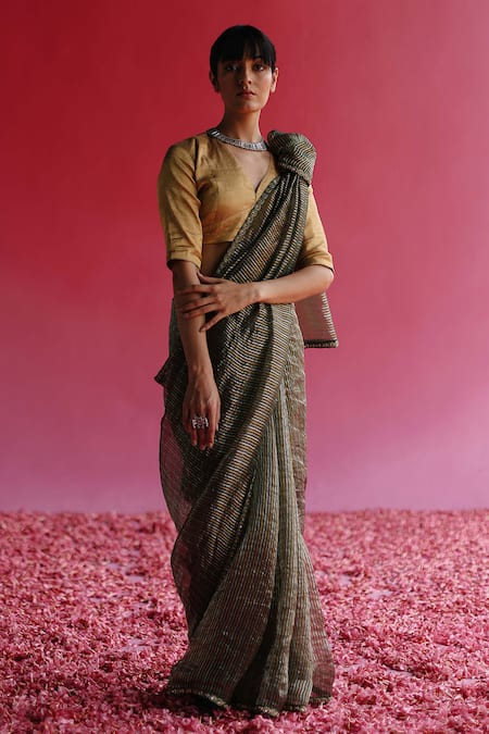 Shop Taisha Green Silk, Satin Sequins, Embroidery Aago Stripe Woven Saree With Petticoat Online at Aza Fashions Shop_Taisha_Green Silk, Satin Sequins, Embroidery Aago Stripe Woven Saree With Petticoat _Online_at_Aza_Fashions