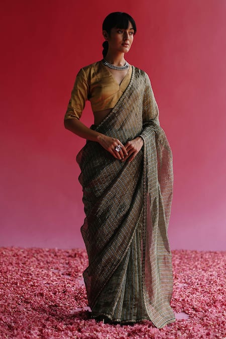 Buy Taisha Green Silk, Satin Sequins, Embroidery Aago Stripe Woven Saree With Petticoat Buy_Taisha_Green Silk, Satin Sequins, Embroidery Aago Stripe Woven Saree With Petticoat