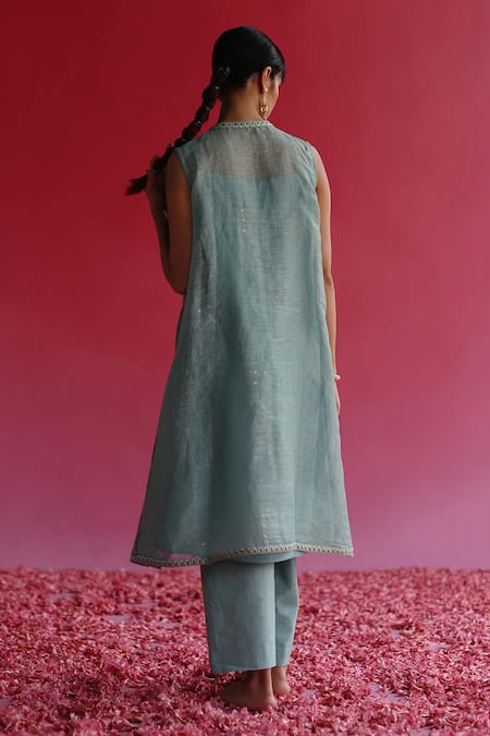 Shop Taisha Blue Linen, Silk Embroidery, Sequins Round Neck Pushti Handloom Jacket Kurta at Aza Fashions Shop_Taisha_Blue Linen, Silk Embroidery, Sequins Round Neck Pushti Handloom Jacket Kurta _at_Aza_Fashions