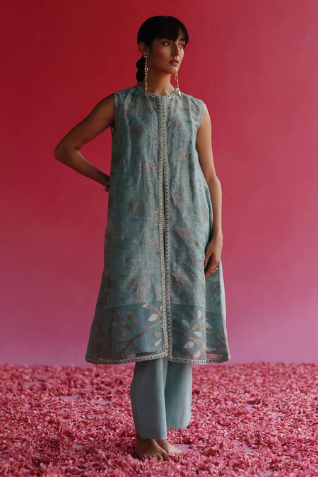 Taisha Blue Linen, Silk Embroidery, Sequins Round Neck Pushti Handloom Jacket Kurta Online at Aza Fashions Taisha_Blue Linen, Silk Embroidery, Sequins Round Neck Pushti Handloom Jacket Kurta _Online_at_Aza_Fashions
