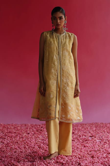 Shop Taisha Yellow Linen, Silk Embroidery, Sequins Pushti Floral Handloom Jacket Kurta Online at Aza Fashions Shop_Taisha_Yellow Linen, Silk Embroidery, Sequins Pushti Floral Handloom Jacket Kurta _Online_at_Aza_Fashions