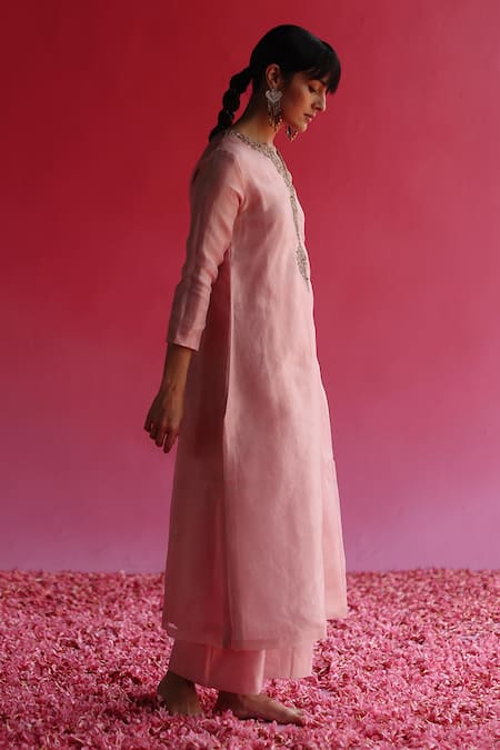 Taisha_Pink Silk Kaljo Zari Tissue Flare Pant _Online_at_Aza_Fashions