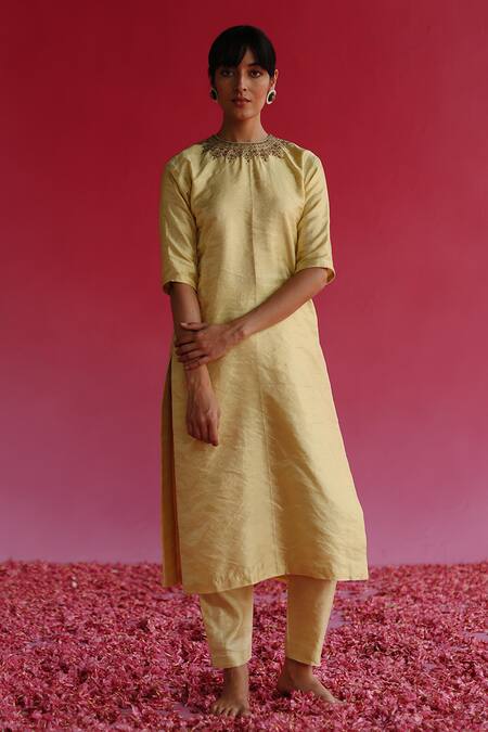 Taisha_Yellow Silk Manjari Zari Tissue Pant _Online_at_Aza_Fashions