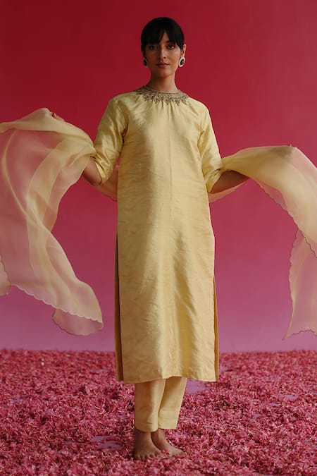Taisha_Yellow Silk Manjari Zari Tissue Pant _at_Aza_Fashions