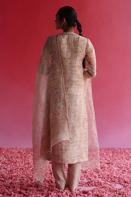 Shop Taisha Pink Linen, Silk, Cotton Embroidery, Sequins Gulbag Handloom Kurta Pant Set at Aza Fashions Shop_Taisha_Pink Linen, Silk, Cotton Embroidery, Sequins Gulbag Handloom Kurta Pant Set_at_Aza_Fashions