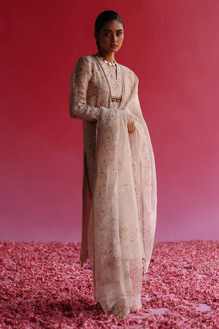Taisha Pink Linen, Silk, Cotton Embroidery, Sequins Gulbag Handloom Kurta Pant Set Online at Aza Fashions Taisha_Pink Linen, Silk, Cotton Embroidery, Sequins Gulbag Handloom Kurta Pant Set_Online_at_Aza_Fashions