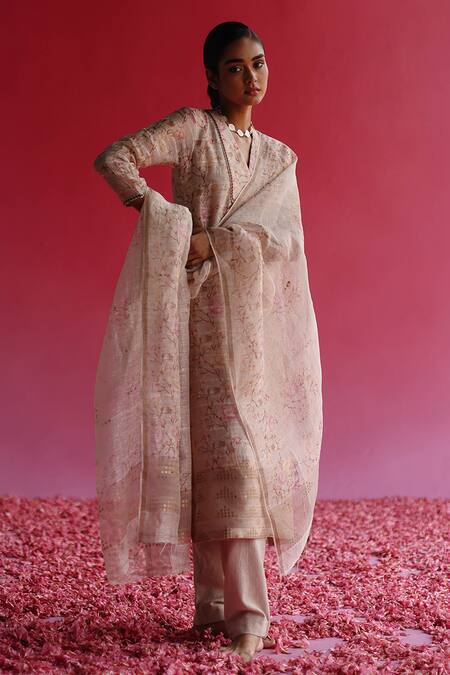 Buy Taisha Pink Linen, Silk, Cotton Embroidery, Sequins Gulbag Handloom Kurta Pant Set Online at Aza Fashions Buy_Taisha_Pink Linen, Silk, Cotton Embroidery, Sequins Gulbag Handloom Kurta Pant Set_Online_at_Aza_Fashions