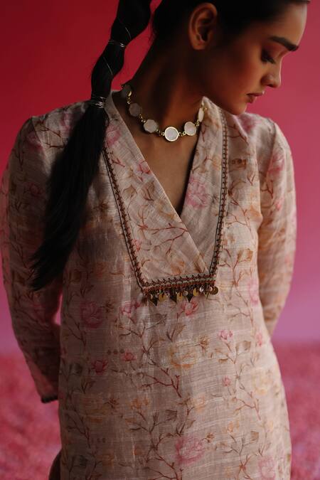 Buy Taisha Pink Linen, Silk, Cotton Embroidery, Sequins Gulbag Handloom Kurta Pant Set Buy_Taisha_Pink Linen, Silk, Cotton Embroidery, Sequins Gulbag Handloom Kurta Pant Set