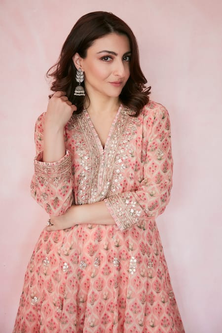 Shop Gopi Vaid Pink Georgette, Cotton Sequins, Nusrat Floral Print Kurta And Dhoti Pant Set Online at Aza Fashions Shop_Gopi Vaid_Pink Georgette, Cotton Sequins, Nusrat Floral Print Kurta And Dhoti Pant Set _Online_at_Aza_Fashions