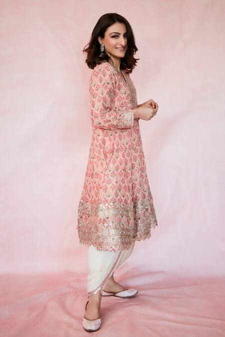Buy Gopi Vaid Pink Georgette, Cotton Sequins, Nusrat Floral Print Kurta And Dhoti Pant Set Buy_Gopi Vaid_Pink Georgette, Cotton Sequins, Nusrat Floral Print Kurta And Dhoti Pant Set