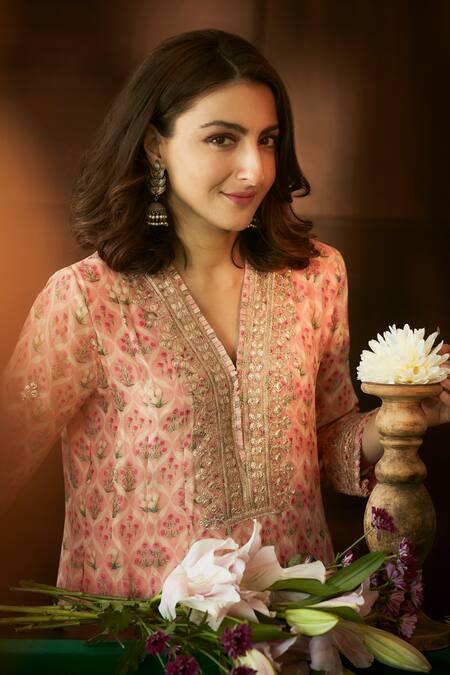 Shop Gopi Vaid Pink Georgette, Cotton Sequins, Nusrat Floral Print Kurta And Dhoti Pant Set Shop_Gopi Vaid_Pink Georgette, Cotton Sequins, Nusrat Floral Print Kurta And Dhoti Pant Set