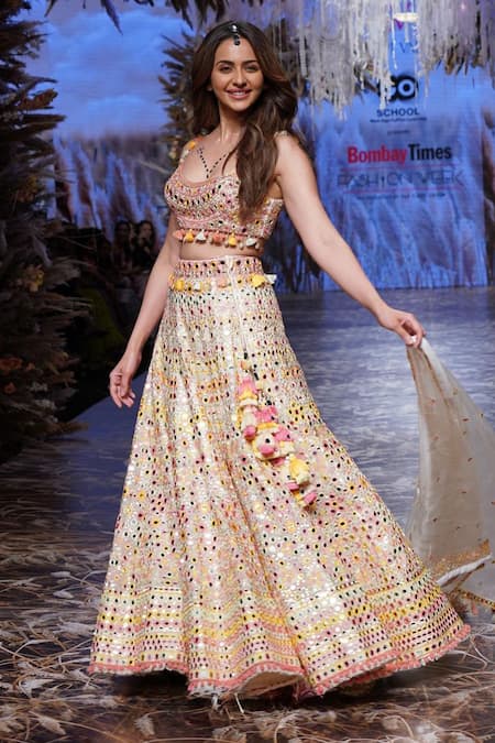 Buy_Gopi Vaid_Ivory Blouse Tussar Embroidery Floral Scoop Neck Rakul Mirror Lehenga Set 
