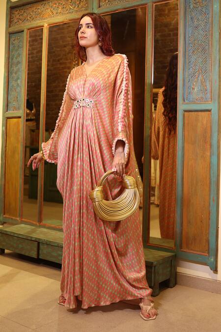 Shop_Gopi Vaid_Pink Satin Pom-poms V-neck Zeba Abstract Pattern Kaftan 