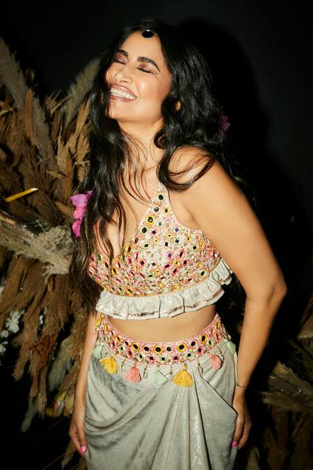 Shop Gopi Vaid Grey Cotton Tassels V-neck Alisha Mirror Embroidered Blouse With Skirt Shop_Gopi Vaid_Grey Cotton Tassels V-neck Alisha Mirror Embroidered Blouse With Skirt