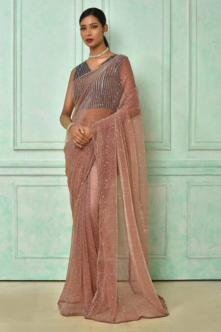 Nazaakat by Samara Singh - Pink Embroidered Sequin V Neck Work Saree With  Blouse For Women