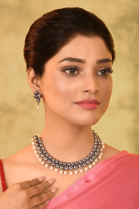 Samyukta Singhania Silver Plated Stone And Pearls Oxidised Choker Necklace Set 