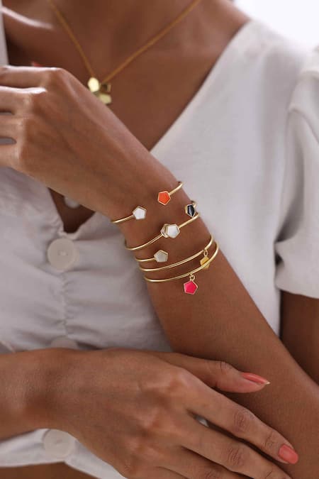 Shop_Varnika Arora_Gold Plated Pearls Lumi Embellished Bangle _at_Aza_Fashions