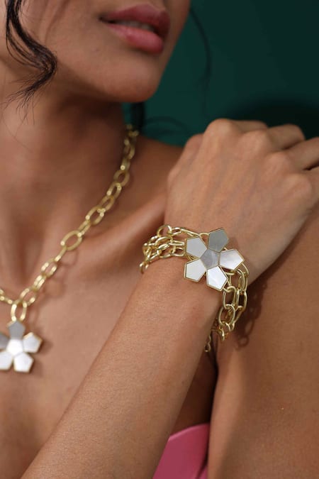 Varnika Arora_Gold Plated Pearls Elan Mother Of Embellished Bracelet _Online_at_Aza_Fashions