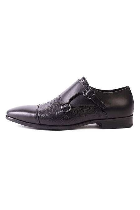 Zufr_Black Floral Embossed Leather Monk Shoes_Online_at_Aza_Fashions