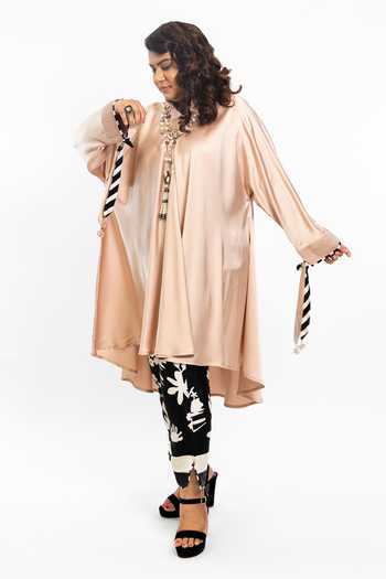 Anmol Kakad_Pink Satin, Silk Embroidery High Neck Marie Collar Tunic Set_Online_at_Aza_Fashions