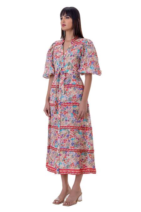 Buy_Gaya_Multi Color Linen Split V-neck Floral Print Midi Dress_Online_at_Aza_Fashions
