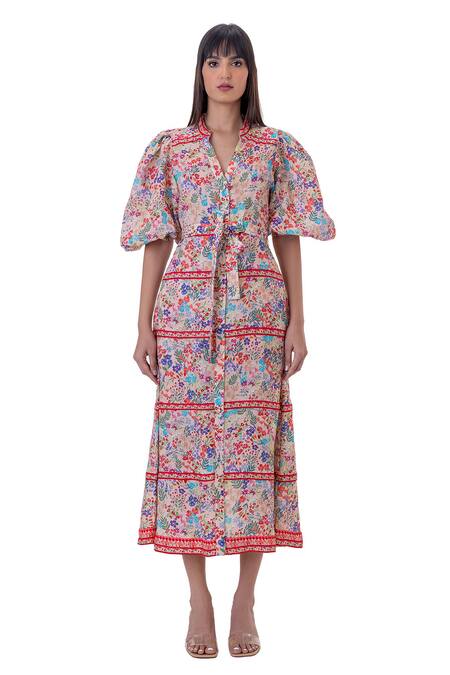Shop_Gaya_Multi Color Linen Split V-neck Floral Print Midi Dress_Online_at_Aza_Fashions