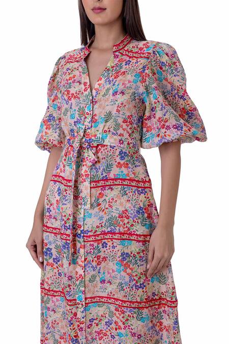 Gaya_Multi Color Linen Split V-neck Floral Print Midi Dress_at_Aza_Fashions