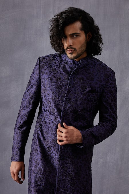 Buy Arjan Dugal Blue Chanderi Embroidered Thread Work Bageecha Achkan Set Online at Aza Fashions Buy_Arjan Dugal_Blue Chanderi Embroidered Thread Work Bageecha Achkan Set _Online_at_Aza_Fashions