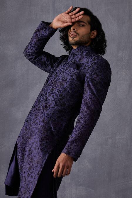 Shop Arjan Dugal Blue Chanderi Embroidered Thread Work Bageecha Achkan Set Online at Aza Fashions Shop_Arjan Dugal_Blue Chanderi Embroidered Thread Work Bageecha Achkan Set _Online_at_Aza_Fashions