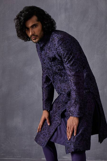 Arjan Dugal Blue Chanderi Embroidered Thread Work Bageecha Achkan Set at Aza Fashions Arjan Dugal_Blue Chanderi Embroidered Thread Work Bageecha Achkan Set _at_Aza_Fashions