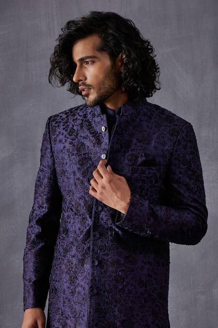 Buy Arjan Dugal Blue Chanderi Embroidered Thread Work Bageecha Achkan Set Buy_Arjan Dugal_Blue Chanderi Embroidered Thread Work Bageecha Achkan Set