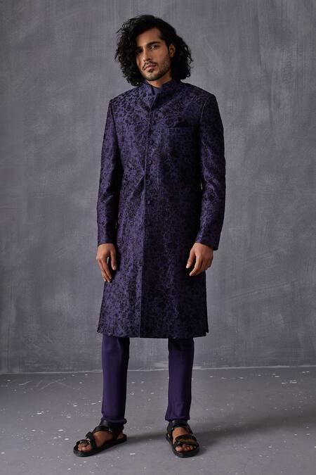 Shop Arjan Dugal Blue Chanderi Embroidered Thread Work Bageecha Achkan Set at Aza Fashions Shop_Arjan Dugal_Blue Chanderi Embroidered Thread Work Bageecha Achkan Set _at_Aza_Fashions