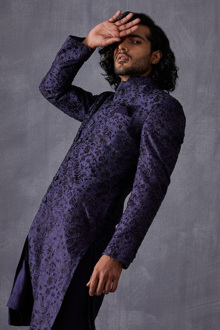 Shop Arjan Dugal Blue Chanderi , Satin, Embroidery Kurta Set Online at Aza Fashions Shop_Arjan Dugal_Blue Chanderi , Satin, Embroidery Kurta Set _Online_at_Aza_Fashions