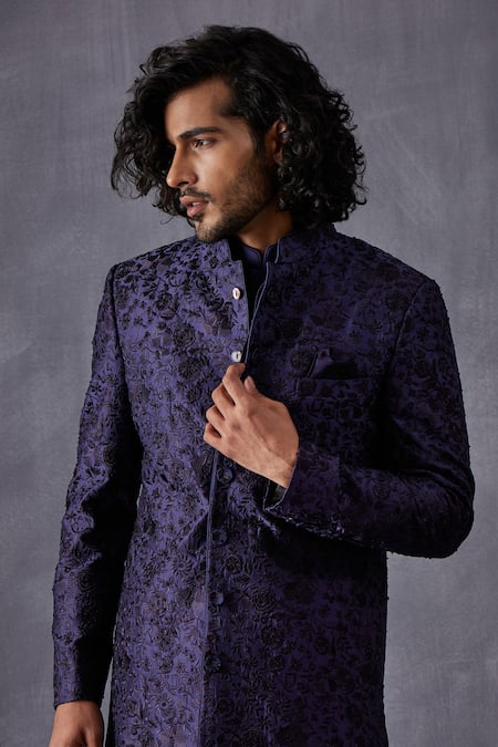 Buy Arjan Dugal Blue Chanderi , Satin, Embroidery Kurta Set Buy_Arjan Dugal_Blue Chanderi , Satin, Embroidery Kurta Set