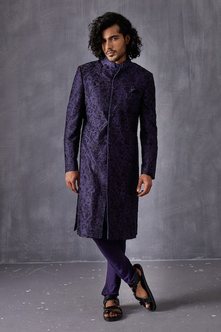 Shop Arjan Dugal Blue Chanderi , Satin, Embroidery Kurta Set at Aza Fashions Shop_Arjan Dugal_Blue Chanderi , Satin, Embroidery Kurta Set _at_Aza_Fashions