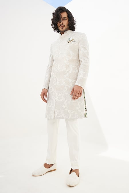 Arjan Dugal Ivory Chanderi Silk Embroidered Thread And Zari Work Achkan Set