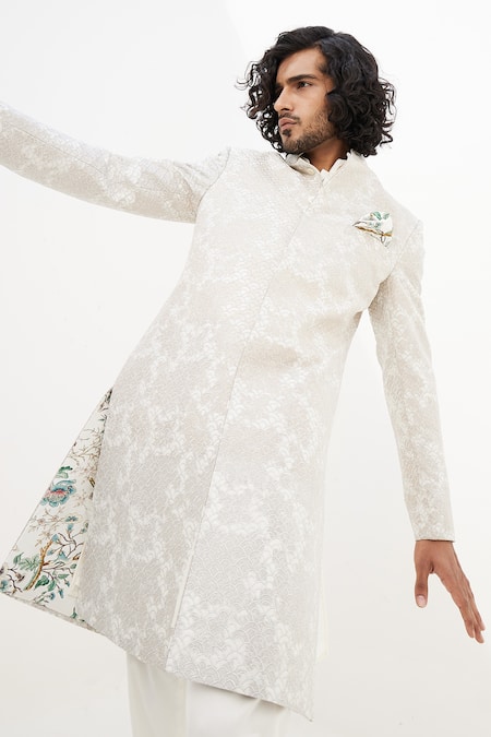 Shop Arjan Dugal Ivory Chanderi Silk Embroidered Thread And Zari Work Achkan Set Online at Aza Fashions Shop_Arjan Dugal_Ivory Chanderi Silk Embroidered Thread And Zari Work Achkan Set _Online_at_Aza_Fashions