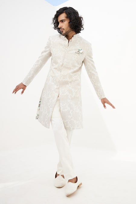 Shop Arjan Dugal Ivory Chanderi Silk Embroidered Thread And Zari Work Achkan Set at Aza Fashions Shop_Arjan Dugal_Ivory Chanderi Silk Embroidered Thread And Zari Work Achkan Set _at_Aza_Fashions