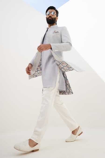 Arjan Dugal_Blue Banarasi Silk Embroidered Thread And Zari Work Achkan Set _Online_at_Aza_Fashions