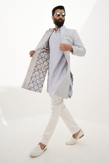 Buy_Arjan Dugal_Blue Banarasi Silk Embroidered Thread And Zari Work Achkan Set _Online_at_Aza_Fashions